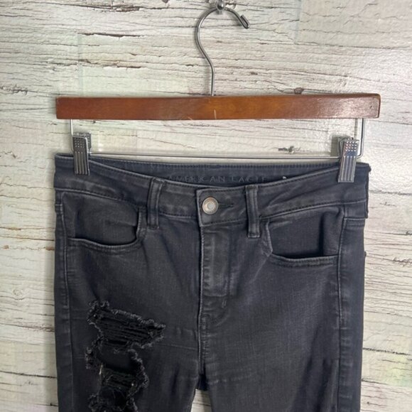 American Eagle Outfitters High Rise Jeggings Black Jeans 6 short distressed - Picture 3 of 9